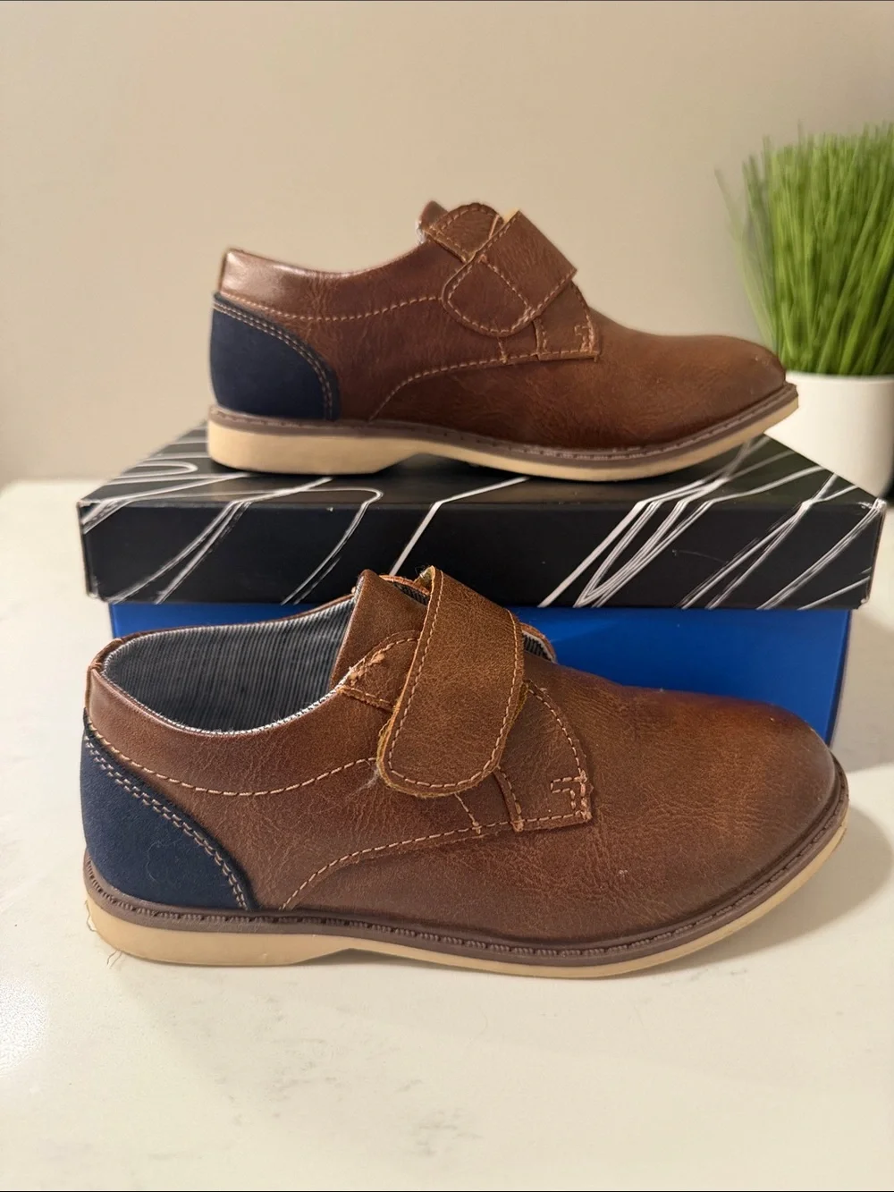 Classic Brown Kids Dress Shoes with Hook-and-Loop Closure